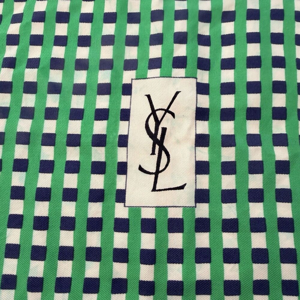 Vintage YSL Yves Saint Laurent Silk Scarf Green Blue Check Stripe 33"x33"